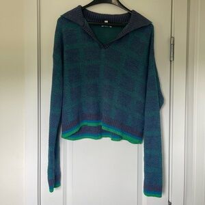 Blue and green plaid 80s style sweater